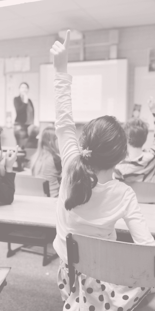 Classroom with young children raising their hands to the teacher